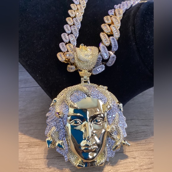 Men CZ Diamond Ice Out Famous Medusa 14K Gold Plated Chain+Pendant 17MM 22Inch - Picture 3 of 8